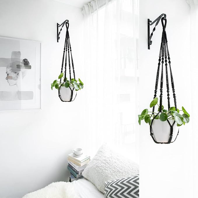 Mkono Macrame Plant Hanger Indoor Hanging Planter Basket with Wood Beads Decorative Flower Pot Holder No Tassels for Indoor Outdoor Boho Home Decor 35 Inch, Black, Set of 2 (POTS NOT Included)