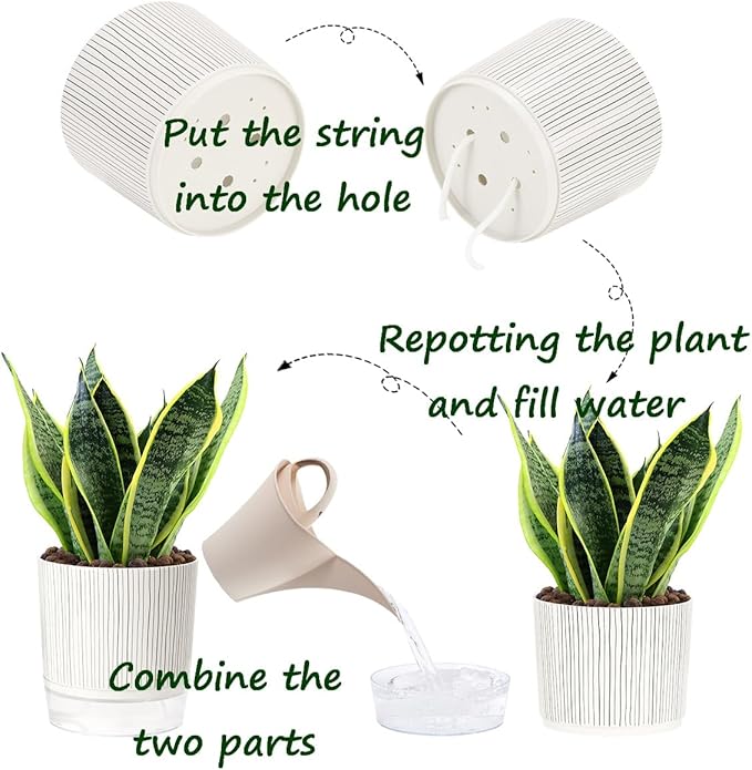 Self Watering Pots for Indoor Plants, 5 & 4 Inch Stylish Flower Pots, Set of 4 Modern Planters with Self Watering Plant Feature (Black Stripes)
