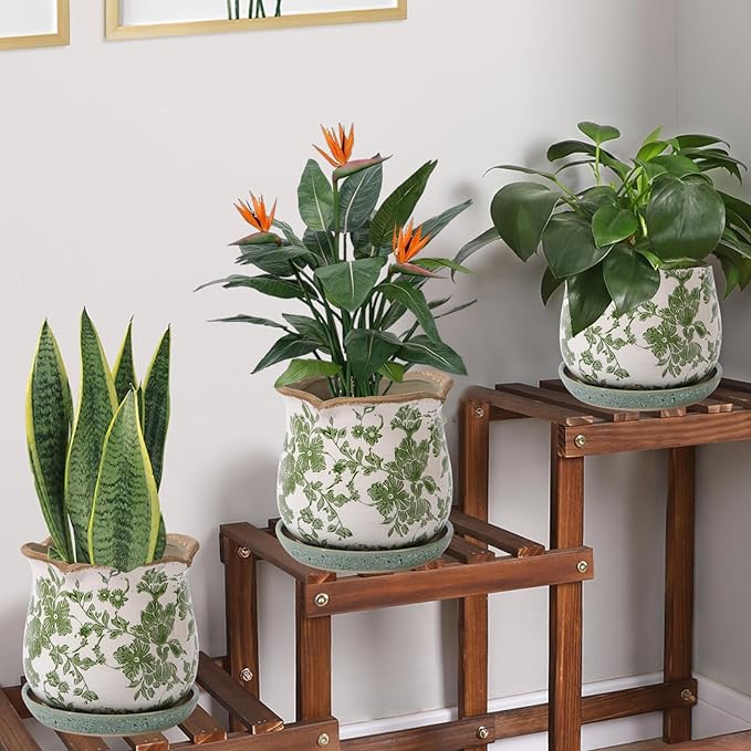 Ceramic-Planters-for-Indoor-Plants with Saucer, 6 inch Vintage Ice Crack Glaze Plant Pots with Drainage Holes, Decorative Flower Pots for Outdoor Garden Home Decor, Tuscan Pot for Plant