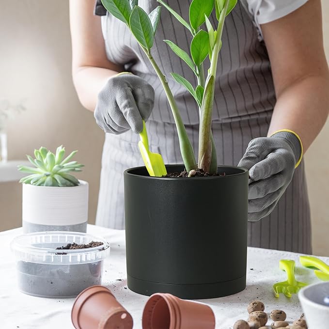 12 inch Large Deep Plant Pots for Outdoor Indoor Plants, Tall Cylinder Flower Pots with Drainage Holes and Saucer, Big Decorative Plastic Planter Pots for Garden Porch House Plants, Black