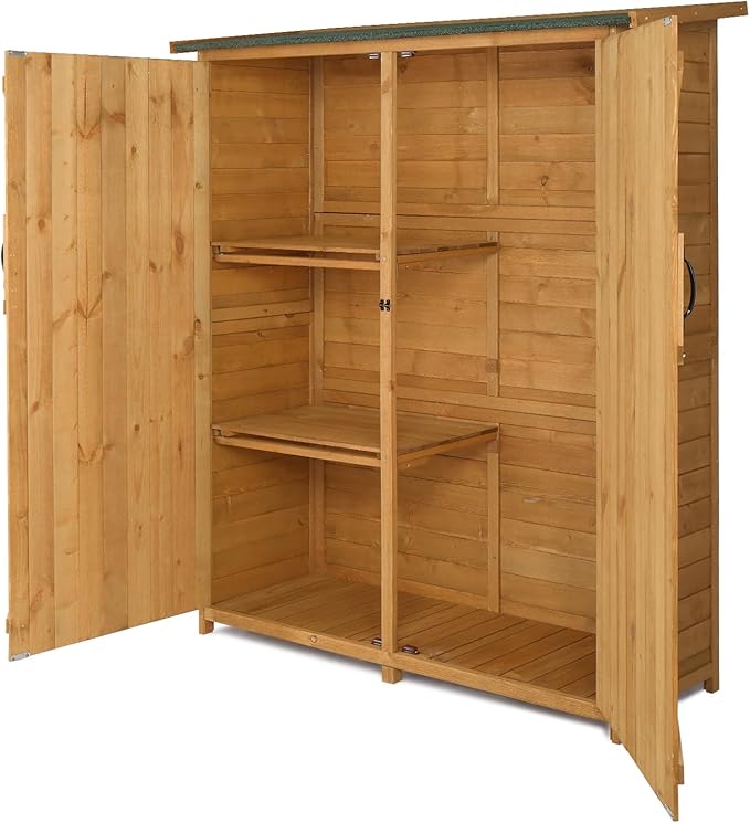 Outvita Outdoor Storage Cabinet with Waterproof Roof, Double Lockable Doors Garden Shed with 2 Removable Shelves, Wooden Storage Shed with Large Storage Space for Yard Garge Patio Deck Porch（Natural）