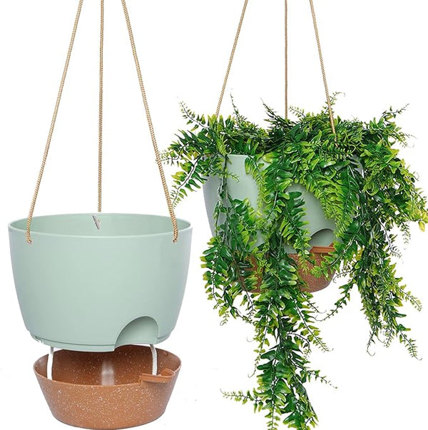 10 Inch Self Watering Hanging Pots, 2 Pack Hanging Planters with 40oZ Deep Reservior for Indoor Outdoor Plants Flowers, Green with Brown