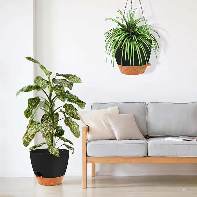 GARDIFE Large Hanging Planter, 12 inch Hanging planters for Indoor. Outdoor Plants, Self Watering Plant Pot, Plant Hanger, Black