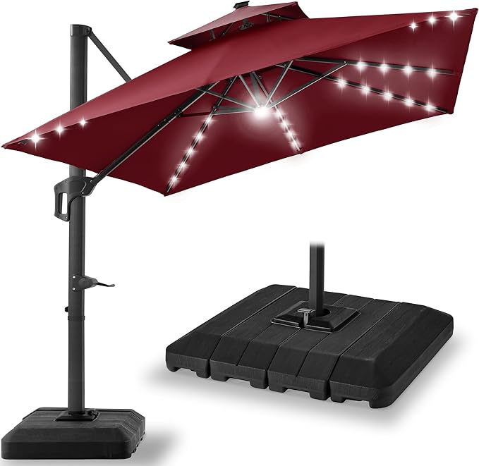 Best Choice Products 10x10ft Cantilever Patio Umbrella w/Base Included, Solar LED Lights 360 Rotation Large Offset Hanging Outdoor Shade for Deck Pool Backyard w/Stand – Burgundy