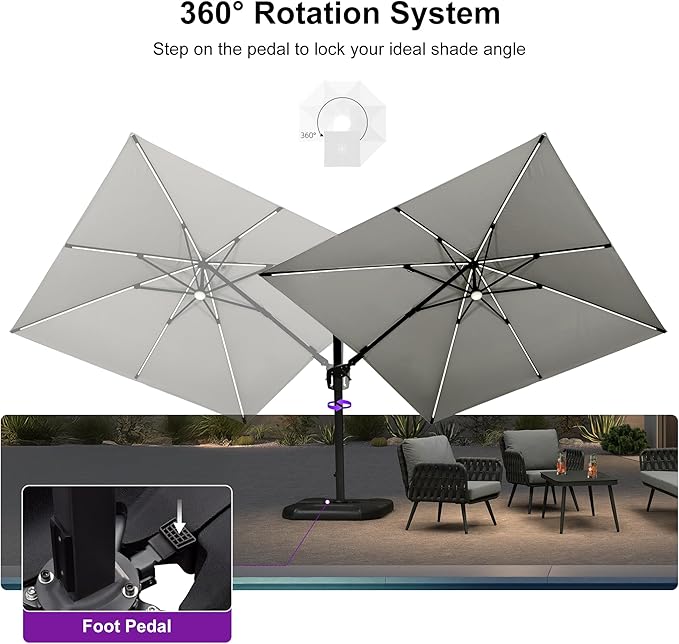 PURPLE LEAF 10 Feet Patio Umbrella Outdoor Cantilever Solar Powered LED Swivel Square Umbrella Aluminum Offset Umbrella with 360-degree Rotation for Garden Deck Pool Patio White