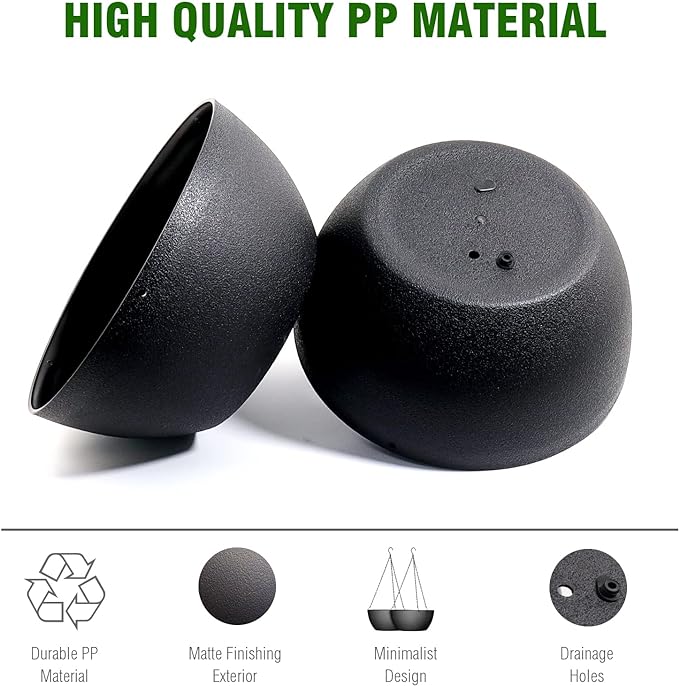 10 inch Hanging Planters for Outdoor Indoor Plants with Drainage Holes and Chain, 2 Pack Round Hanging Flower Pots for Garden Home Porch Decor, Black