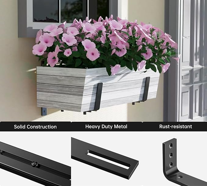 Y&M 6 Pack Adjustable Planter Box Brackets (6 to 12.5 in), Universal Window Box Brackets, Heavy Duty Iron Flower Box Wall Mounting Hooks for Balcony, Fences, Patio, and Garden - Black