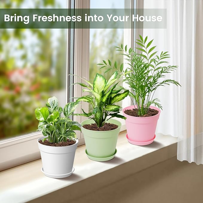 10 Pack 6 Inch Plant Pots with Drainage and Saucers, Plastic Flower Pots for Indoor and Outdoor Plants, Stackable Nursery Planters for Houseplants and Herbs, Colorful
