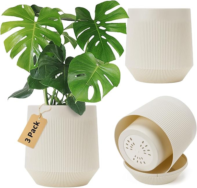 Plant Pots，Set of 3 Plastic Pots for Indoor Plants,Flower Pots Outdoor Planters with Drainage Hole and Seamless Saucer,Milky-Yellow
