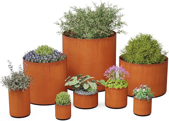 Plantercraft Large Round Planters for Outdoor Plants | 20 x 12 Inch Corten Steel Planter | Heavy Duty Metal Planter for Patio & Garden