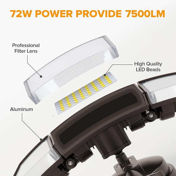 LUTEC 72W 7500LM LED Security Lights Motion Sensor Light Outdoor, 5000K Daylight, IP65 Waterproof, Dusk to Dawn, 3-Head Motion Detected Flood Light for Garage, Yard, Porch(Brown)