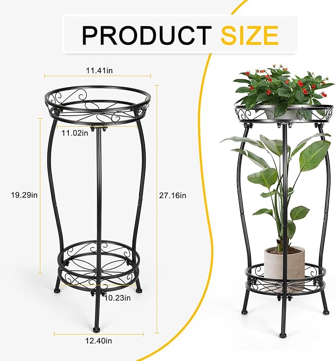 2 Tier Rustproof Iron Plant Stand - Heavy Duty Outdoor Plant Stands For Patio, Balcony Or Garden Or Planter Corner - Plant Stand Indoor (Black)