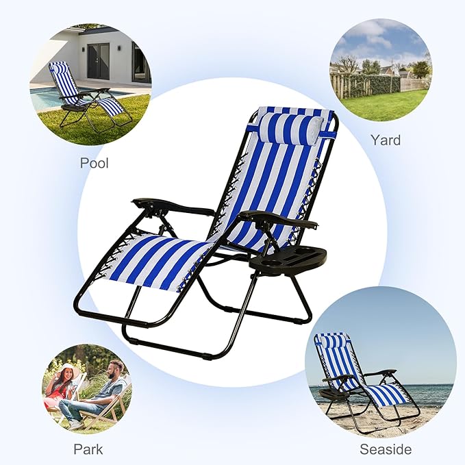 Nazhura Set of 2 Relaxing Recliners Patio Chairs Adjustable Steel Mesh Zero Gravity Lounge Chair Beach Chairs with Pillow and Cup Holder (Navy Blue Stripe)