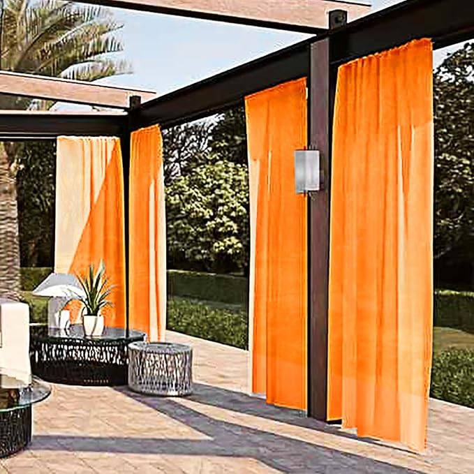 SpaceDresser Waterproof Outdoor Sheer Curtains for Patio - 2 Panels Rod Pocket Indoor Voile Sheer Curtain for Living Room,100W x 108L inch, Orange