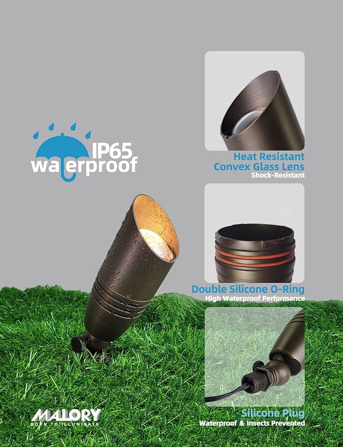 MALORY Brass Landscape Spotlights 4-Pack with Bulb Kit(S02), Low Voltage 12V AC/DC LED Outdoor Spot Uplights for House and Tree,PVC Ground Stake and Wire Connector Included, 5W 2700K Warm White