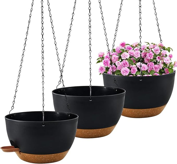 10 inch Hanging Planters for Indoor Plants, 3 Pack Self-Watering Hanging Planter Pots with Chain and Drainage Holes, Outdoor Hanging Baskets for Garden Home Decor (Black With Brown, 3pcs/10inch)