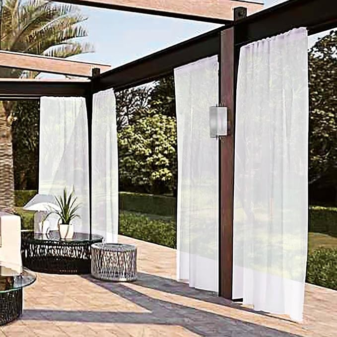 SpaceDresser Waterproof Outdoor Sheer Curtains for Patio - 2 Panels Rod Pocket Indoor Voile Sheer Curtain for Living Room,52W x 108L inch, White
