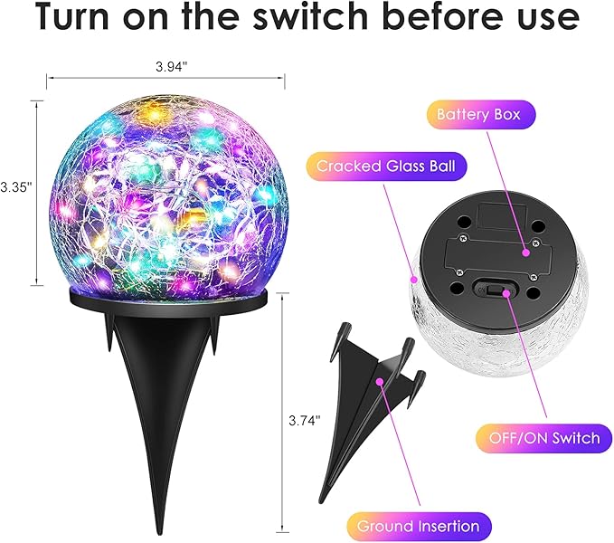 2 Pack 60 LED Garden Solar Lights Outdoor Decorative, Colored Cracked Glass Solar Globe Lights, Upgraded Waterproof Multicolor Ball Lights for Yard Pathway Patio Lawn Outside Decor