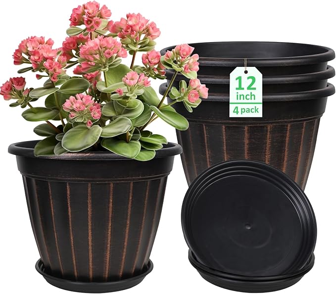 FGstyle 12 Inch Pots for Plants,4 Pack Tall Planters,Large Flower Pots with Drainage Hole & Saucer,Decorative Outdoor Planter for Planting Medium Large Plants(Black