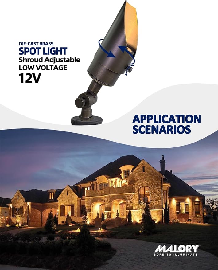 MALORY Brass Landscape Spotlight 10-Pack with MR16 Bulb Kit(S04), Low Voltage 12V AC/DC Shroud Adjustable Outside Yard Lights,PVC Ground Stake and Wire Connector Included, 5W 2700K Warm White