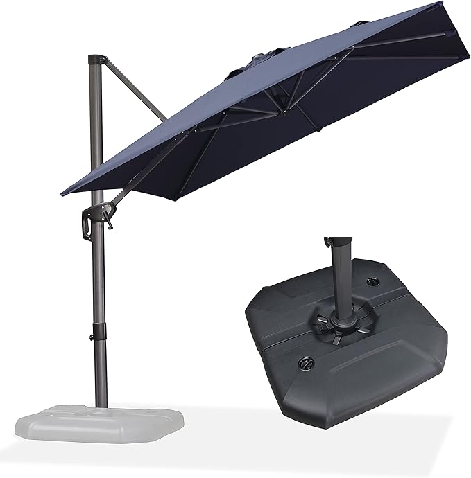 PURPLE LEAF 8 Feet Square Cantilever Umbrella Patio Umbrella with Base Outdoor Umbrella Aluminum Offset with 360-degree Rotation for Garden Deck Pool Patio, Navy Blue
