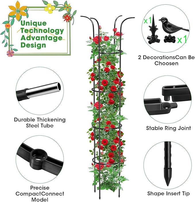 Tower Obelisk Garden Trellis for Climbing Plant，6.2FT/74.4" Rustproof Metal Potted Plant Climbing Support for Indoor Outdoor Flowers Vegetable Fruits Vines Support （1pcs）