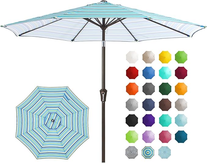 JEAREY 9FT Outdoor Patio Umbrella Outdoor Table Umbrella with Push Button Tilt and Crank, Market Umbrella 8 Sturdy Ribs UV Protection Waterproof for Garden, Deck, Backyard, Pool (Blue Green Stripe)