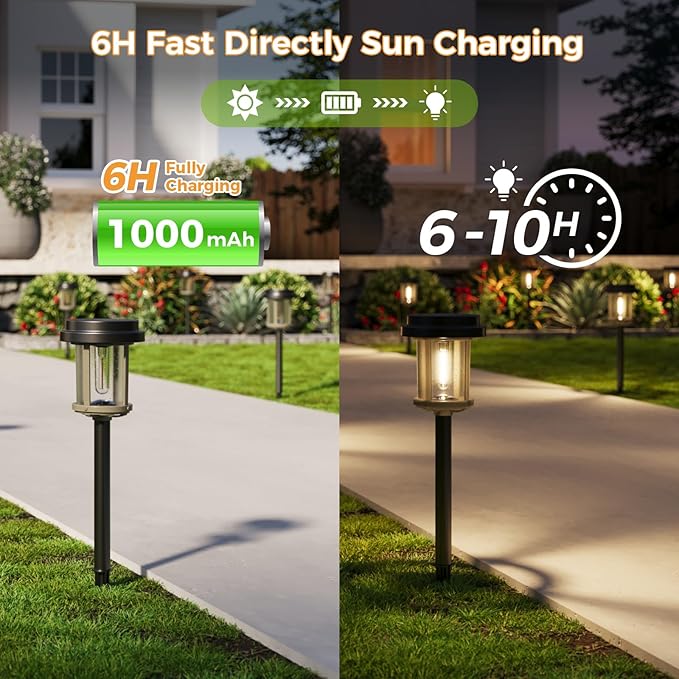 XMCOSY+ Solar Pathway Lights Outdoor, 20 LM LED Solar Garden Lights Seeded Glass, Waterproof IP65 Metal Outdoor Solar Lights for Yard Path Lawn Walkway Driveway Backyard (‎Black & Grey)