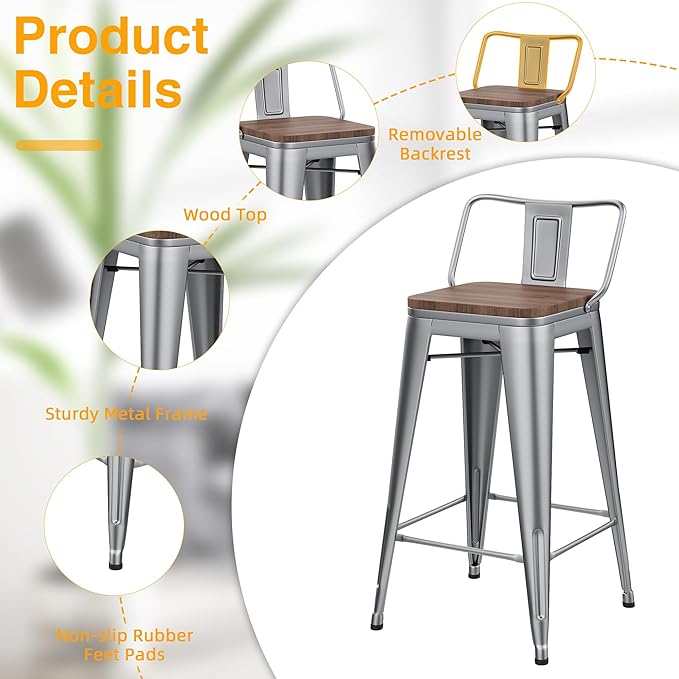 Yongchuang 30 inch Bar Stools Set of 4 Bar Height Metal Barstools with Wood Seat Low Back Kitchen Bar Chairs Silver
