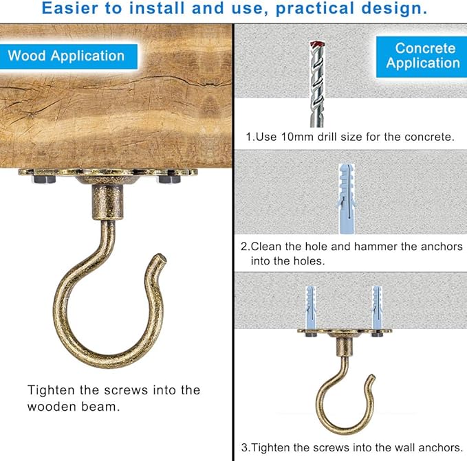 Dolibest Wall Mount Ceiling Hooks,Plant Hooks for Ceiling Metal Plant Bracket Iron Wall Mount Lanterns Hangers Hooks for Hanging Plants Lights, Outdoor Wire, Fairy Lights, Wind Chimes, Bronze(4PCS)