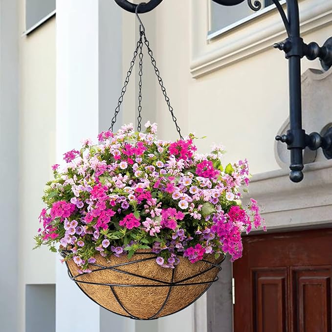 4 Pack 14 Inch Hanging Flower Baskets for Outdoor Plants Large Metal Wire Planters with Coco Liner Pot for Home Planting Black Watering Plant Holders for Outside Garden