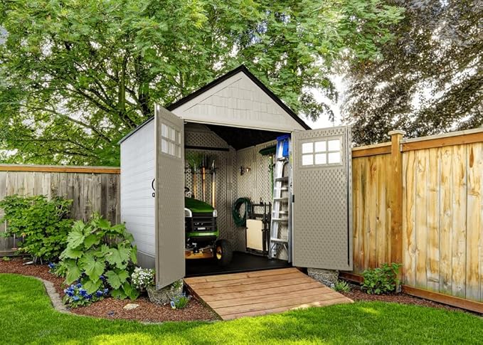 Rubbermaid 7 Foot by 7 Foot Weatherproof Outdoor Storage Shed for Garden Tools and Lawn Machinery Organization with Lockable Double Door Sandstone