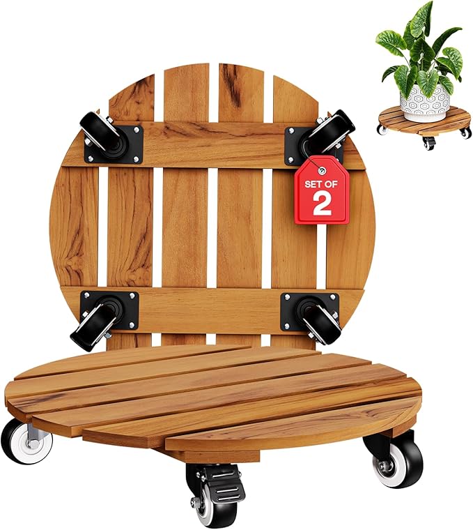 Idzo 2pack Wood Plant Caddy With Wheels Heavy Duty, 264 Lbs Capacity, 12 Inch Acacia Hardwood Plant Dolly, Plant Stand with 360° Lockable Wheels, Plant Caster for Heavy Objects Hauling - Natural Wood