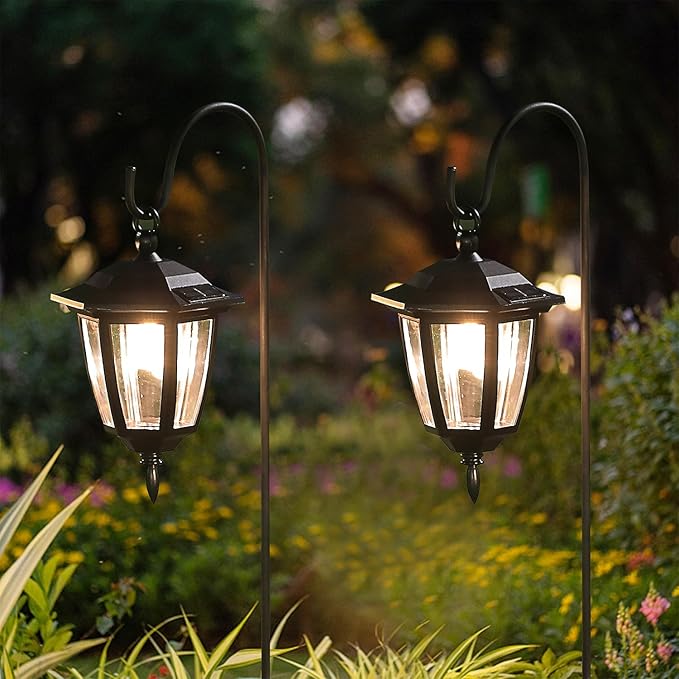 Dynaming 2 Pack Solar Hanging Lights Outdoor, Solar Powered Garden Decorative Lanterns with 2 x 38 Inch Shepherd Hooks, Waterproof Landscape Lighting for Lawn Patio Yard Pathway Driveway, Warm White