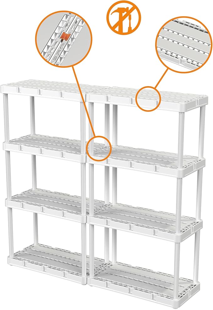 Gracious Living 3 Pack Light Duty Storage Shelves, Knect-A-Shelf 4-Shelf Ventilated Shelving Rack Organizer for Home, Garage, Basement & Laundry, White