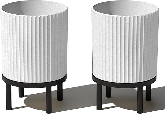 Veradek Demi Series Round Planter w/Stand for Porch/Patio | Durable Plastic-Stone Composite & Wooden Stand | Modern Décor for Tall Plants, Flowers