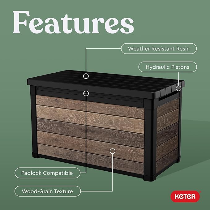 Keter Walnut 100 Gallon Resin Deck Box-Organization and Storage for Patio Furniture Outdoor Cushions, Throw Pillows, Garden Tools and Pool Toys