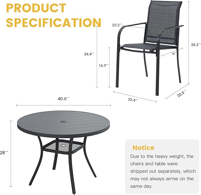 VICLLAX 5 Pieces Patio Dining Set for 4, Outdoor Furniture Set Includes 40.7" Round Patio Table and 4 Patio Stackable Chairs, Grey Tabletop and Grey Fabric