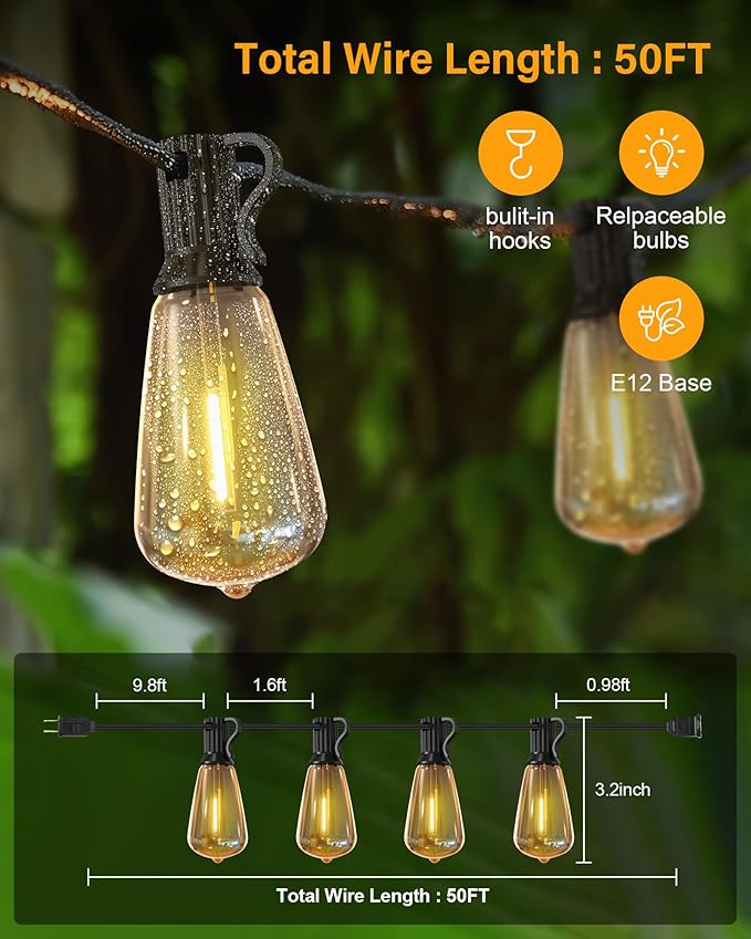 String Lights for Outside, 150FT (50FT 3 Pack) Patio Lights Outdoor Waterproof with 75+6 Shatterproof Vintage Bulbs, Plug in Hanging Light for Porch, Blacony, Backyard, Bistro, Garden, 2700K