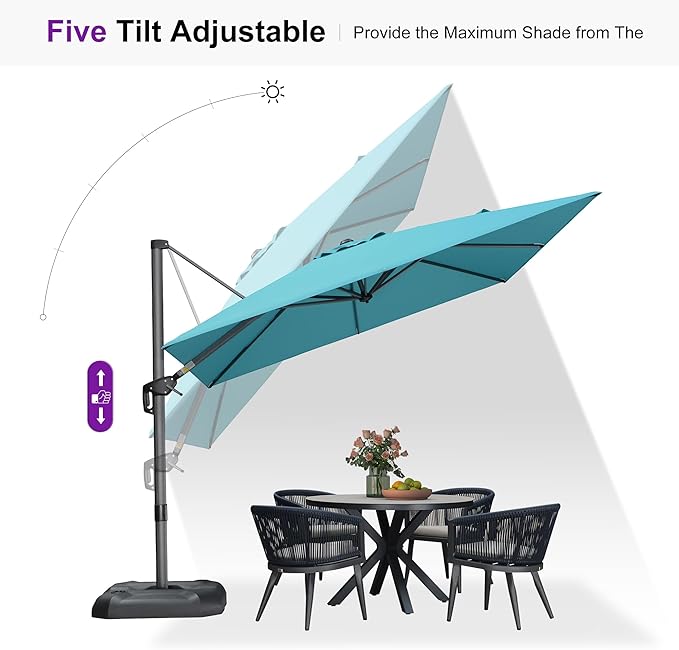 PURPLE LEAF Cantilever Umbrella with Base 9 Feet Patio Outdoor Aluminum Offset Umbrella with 360-degree Rotation for Garden Deck Pool Patio Turquoise Blue