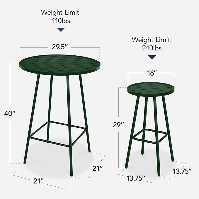 Best Choice Products 3-Piece Patio Dining Set, Bar Height, Outdoor Bistro Set, Outdoor Round Bar Table w/ 2 Bar Stools, Steel - Dark Green
