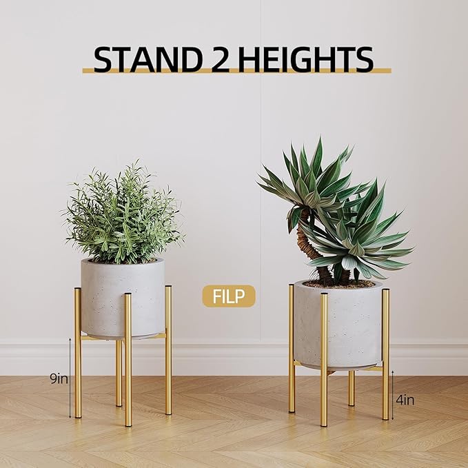 Plant Stand Indoor for 2 Height Options ,Mid Century Modern Outdoor Planter Holder,Corner Plant Stand Capacity of 160LB for 8 to 14 Inch Pots Golden with Round Plate
