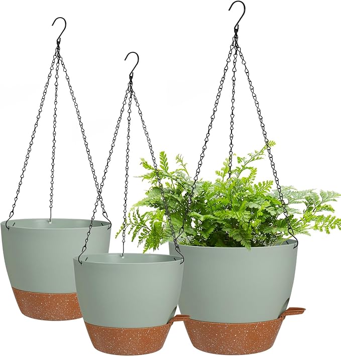 10/9/8 Inch Hanging Planter for Indoor Outdoor Plants, 3 Pack Self-Watering Hanging Pot with Drainage Holes Hanging Planter Baskets Plant Pots with Removable Tray (Green+Brown)