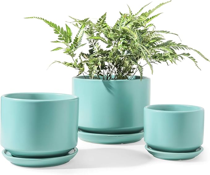 LE TAUCI Ceramic Plant Pots, 4.3+5.3+6.8 inch, Set of 3, Planters with Drainage Hole and Saucer, Indoor Flower Pot with Hole Mesh Pad, Gifts for Mom, Aqua