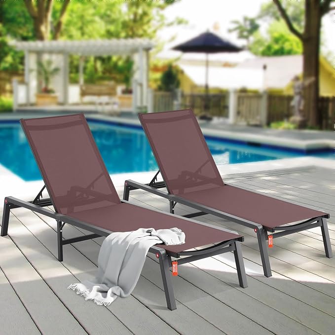 VEVOR 2 Pcs Chaise Lounge Chairs Outdoor, Aluminum Patio Lounge Chair with Adjustable 5-Position, Folding Pool Chairs Recliner and Full Flat Tanning Chair for Patio, Beach, Pool, Brown, 2 pcs