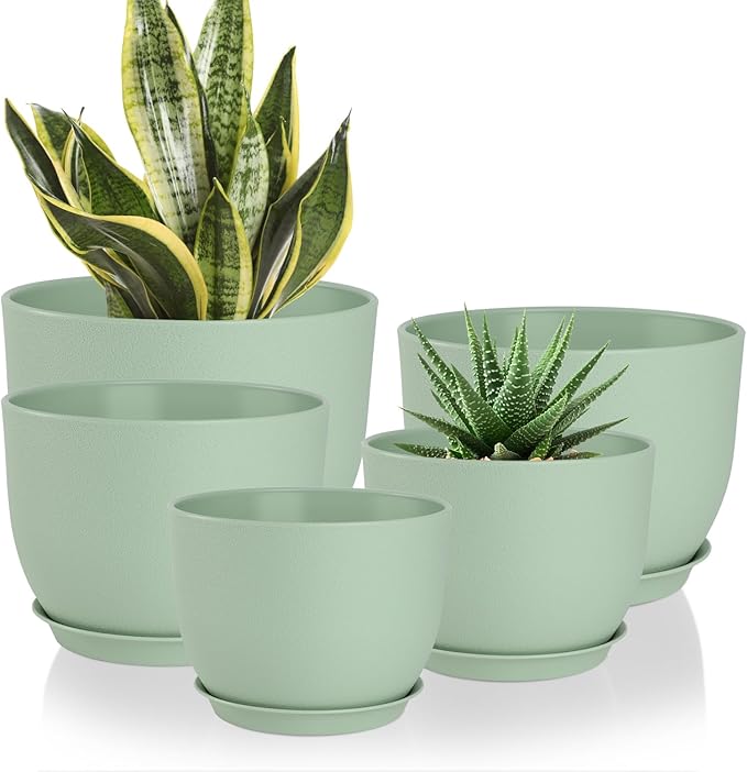 Plant Pots 10/9/8/7.5/7 inch Flower Pots with Multi Mesh Drainage Holes, Planters for Indoor Outdoor Garden Plants and Flowers. (Green)