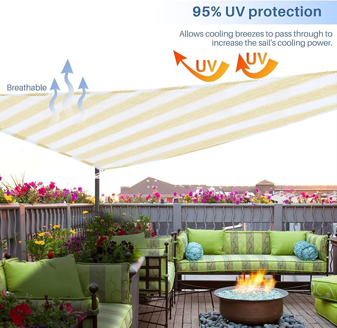 E&K Sunrise 24' x 24' x 24' Sun Shade Sail Triangle Canopy Shade Cover UV Block for Patio Backyard Garden Outdoor (Beige White Strip)