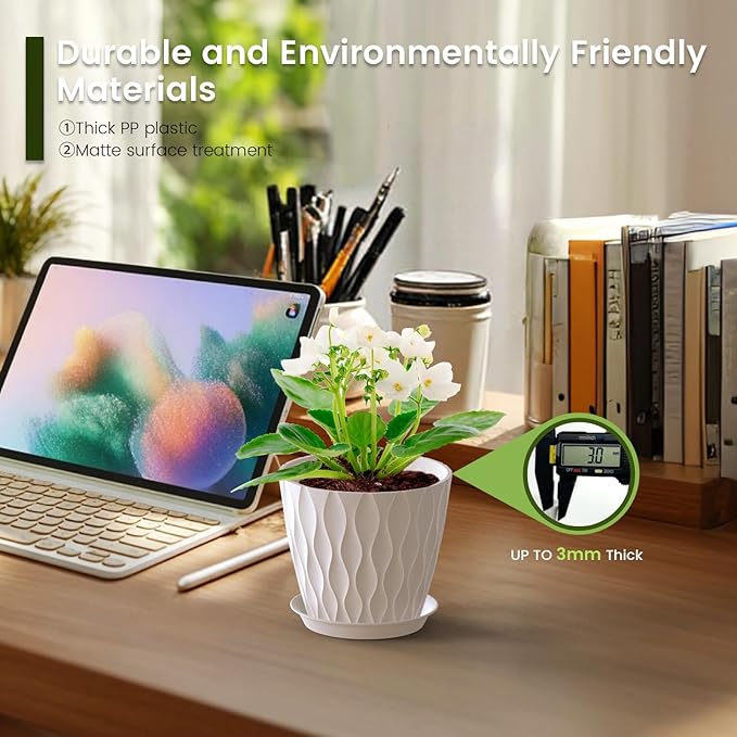 5 inch Plant Pots for Indoor Outdoor Plants, 6 Pack Thick Nursery Pots with Drainage Holes and Saucers, 3D Modern Wave Texture Small Plastic Planter Flower Pots for Succulent, Herb, White