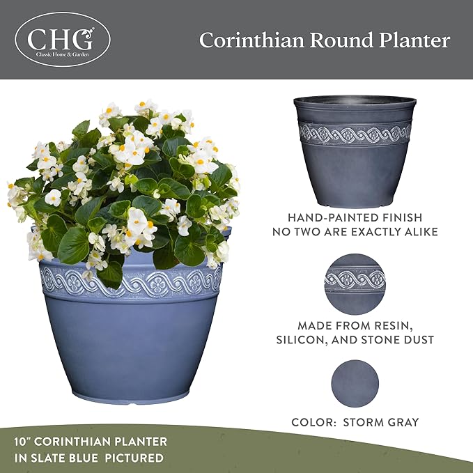 Classic Home and Garden Corinthian Resin Planter Pot - Outdoor & Indoor Plant Pot - Round Planter for Plants & Flowers (10" Storm Gray, Pack of 1)