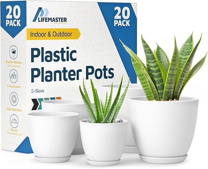 Lifemaster Eco Friendly Plant Pot Set -20-Pack Home Decor Flower Indoor and Outdoor Plastic Pots with Drainage Holes, Assorted Sizes (7", 6.6", 6", 5.3", 4.8") - Stackable Garden Versatile Planters